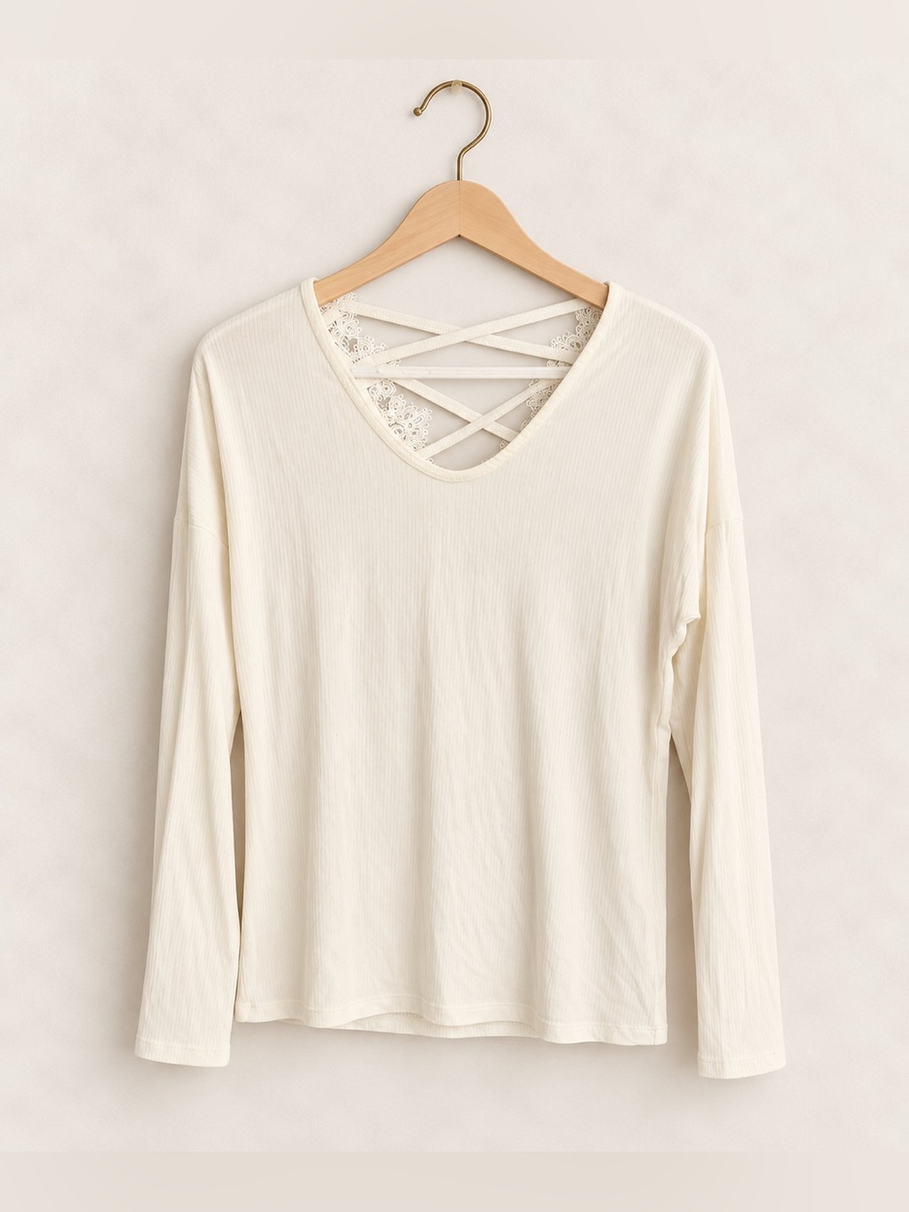 Kismet Solid White Lace Cross-Back Ribbed Long Sleeve Top - Women’s Fall Shirt